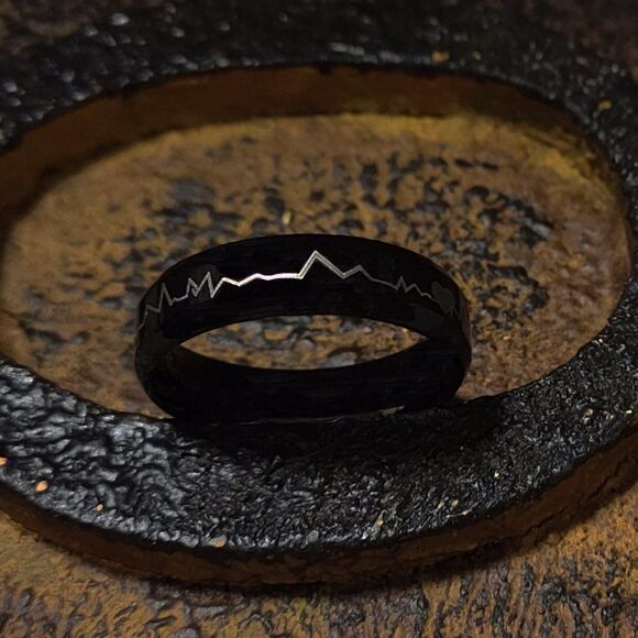 Men's Black Heartbeat Wedding Ring Band  - Heartbeat Wedding Ring For Him - Picture 3 of 7